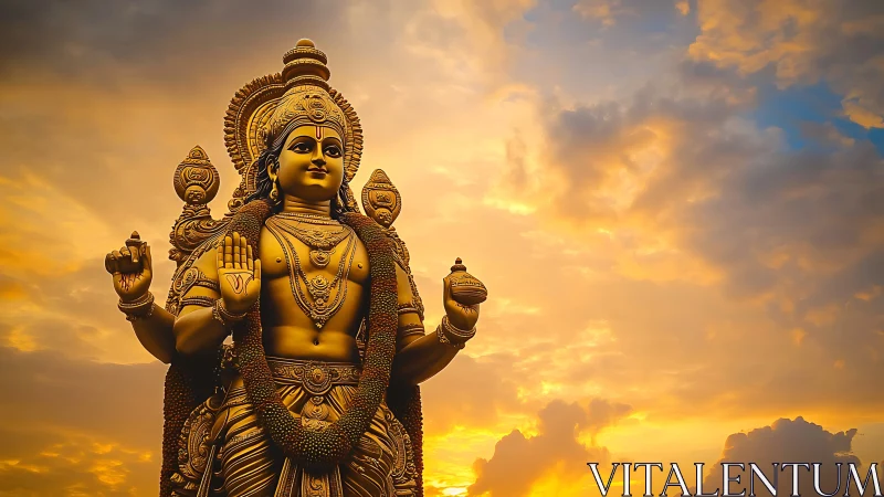 Golden deity rises quietly through a storm-softened sky glow