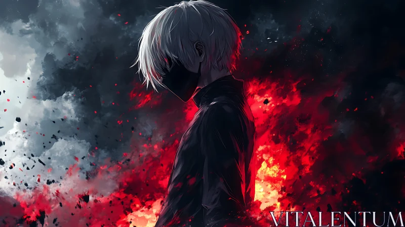 Shadowed young fighter stands calm before swirling flames