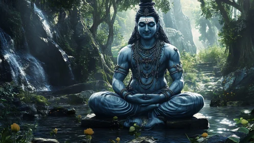 Divine blue deity meditates serenely beside forest waterfall.
