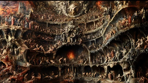 Layered infernal tableau constructs a baroque vision of damnation