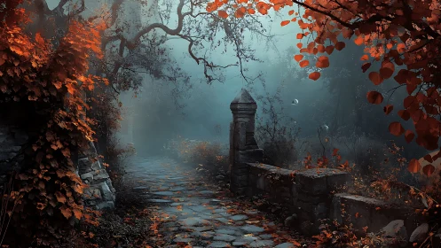 Foggy stone path through autumn forest ruins at dusk.