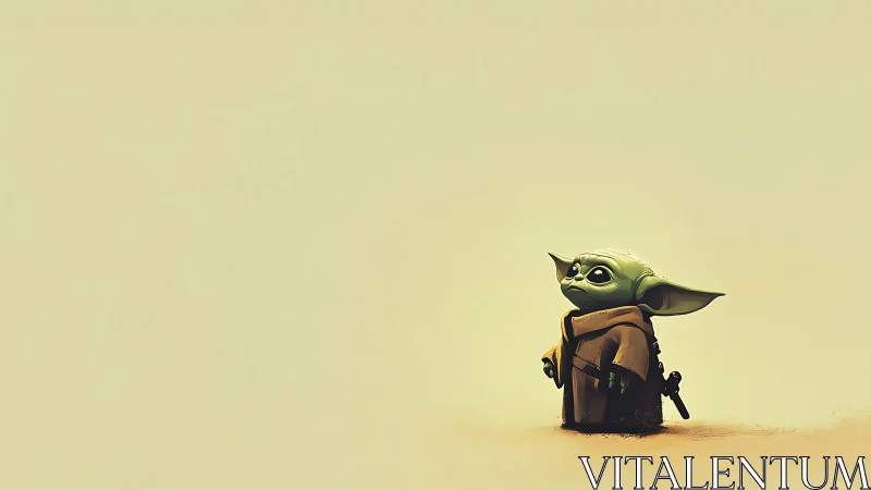 Stylized green alien child in robe on minimal sandy ground