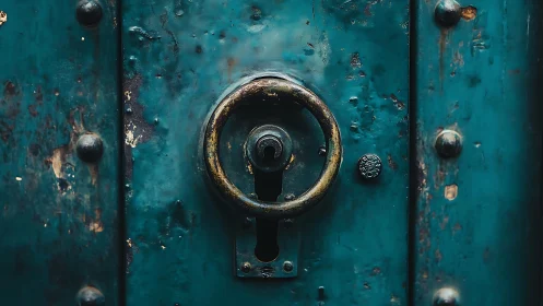 Rust-ringed keyhole waits patiently on weathered teal door