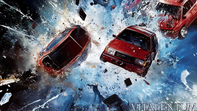 Dynamic collision tableau with red cars in explosive motion.