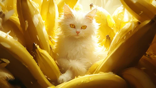 White Cat with Golden Eyes Amid Luminous Yellow Foliage