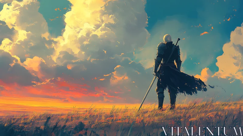 Lone warrior pauses at sunset beneath glowing storm clouds