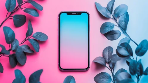 Pink-Blue Duet: Glowing Smartphone Flanked by Botanical Whispers.