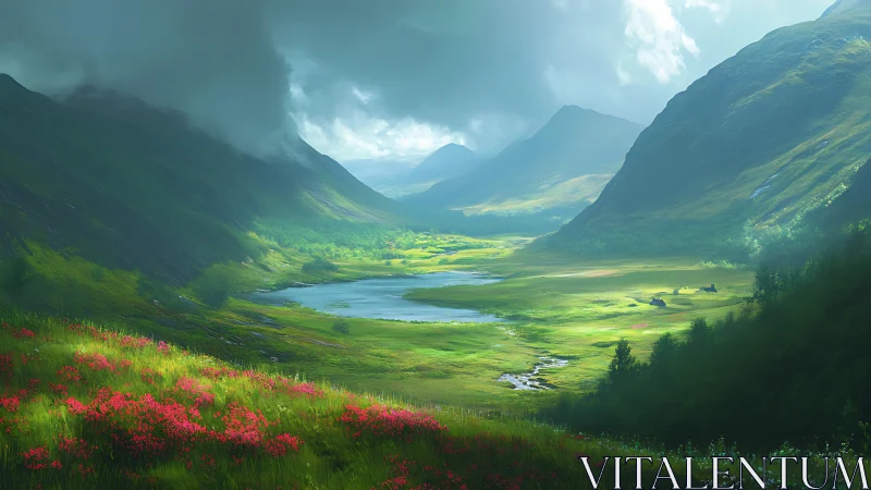 Sunlit valley meadow opens beneath misty emerald mountains