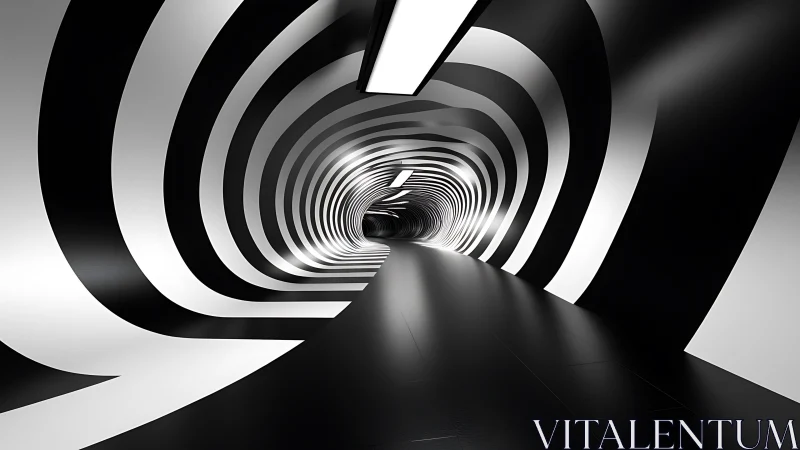 Monochrome striped tunnel interior with curved geometry.
