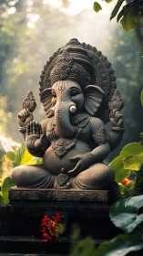 Forest-lit Ganesha statue cradling quiet morning prayers.