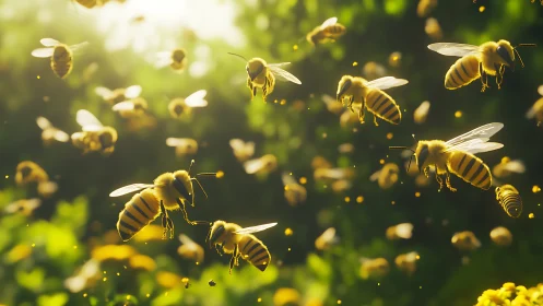 Golden honeybees dancing through sunlit garden air.