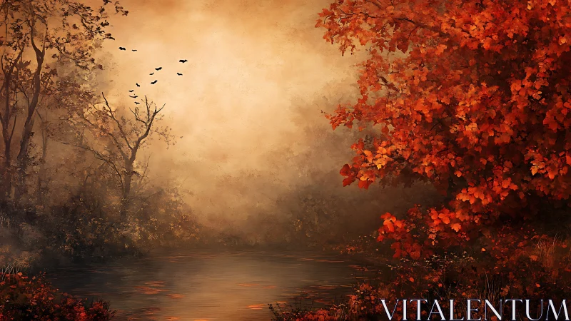 Autumn riverbank under diffused golden fog with scarlet foliage