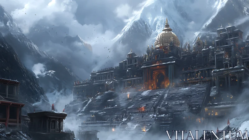 Golden-domed mountain citadel glows amid icy storm clouds.
