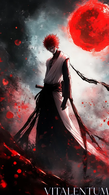 Red‑haired swordsman under burning crimson moonscape.