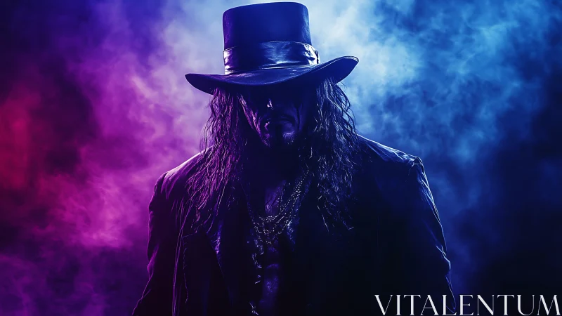 Silhouetted man in hat stands in colored stage fog