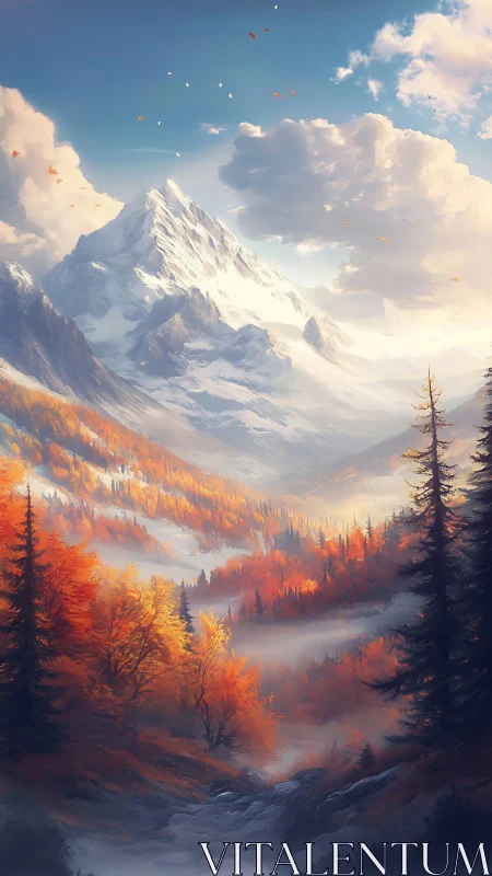 Golden autumn valley beneath a towering snowy peak.