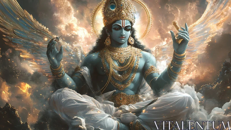 Mythic winged deity in luminous celestial digital painting.