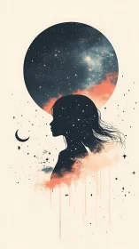 Silhouetted female profile merges with cosmic lunar nebula