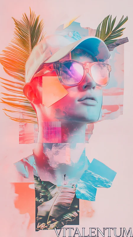 Neon tropical portrait collage with surreal summer fragments.