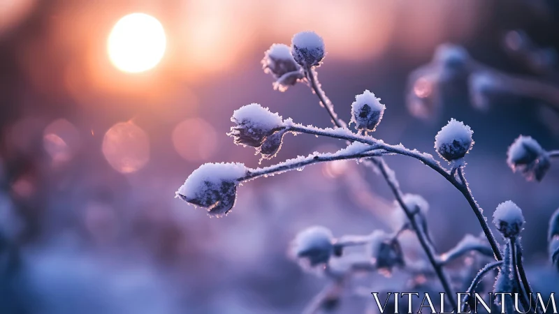Frost covered wildflower stems against soft winter sunset.