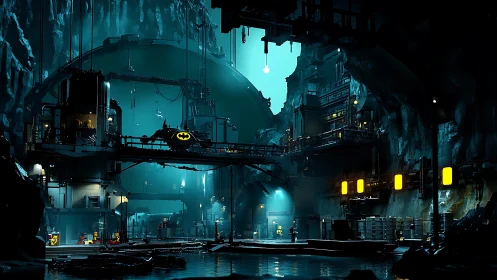Expansive subterranean Batcave with industrial platforms and lit Batwing