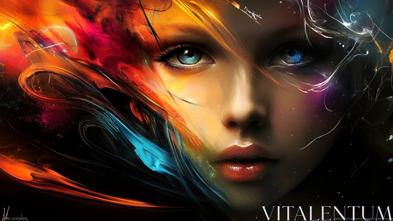 Hybrid chromatic portrait of luminous girl in swirling light