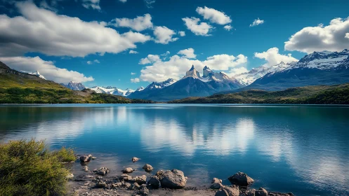 Snow-capped mountain peaks reflect in a still blue lake.