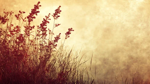 Silhouetted wild plants stand against a textured light ground
