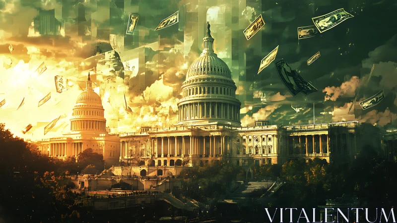 Capitol skyline under swirling storm of drifting money.