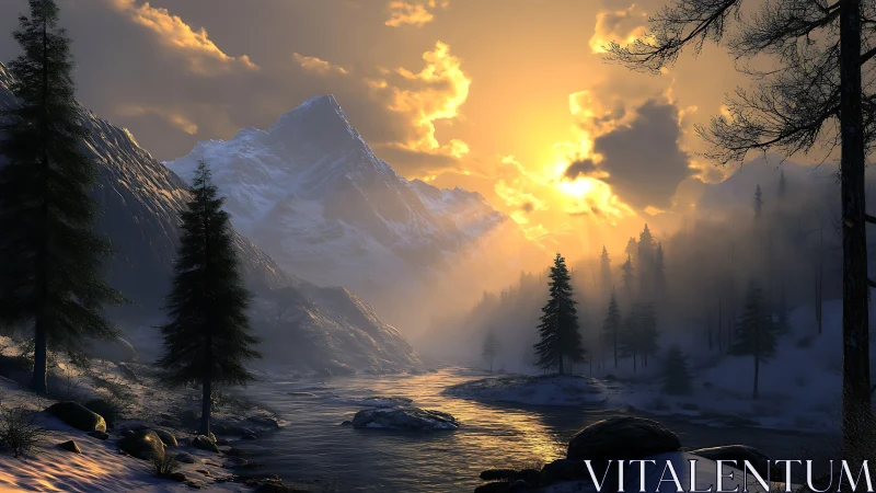 Glowing alpine river valley at winter sunrise with misted firs