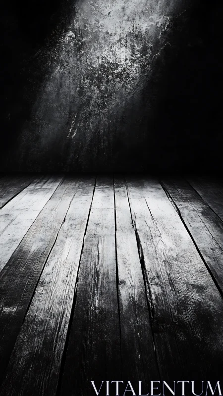 Weathered wood floor under stark spotlight in dark room.