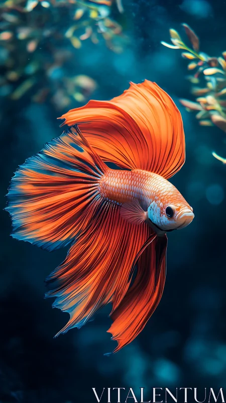 Orange betta fish swims in sharp focus against dark water