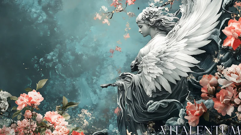 Serene winged maiden rests in a dreamlike floral garden