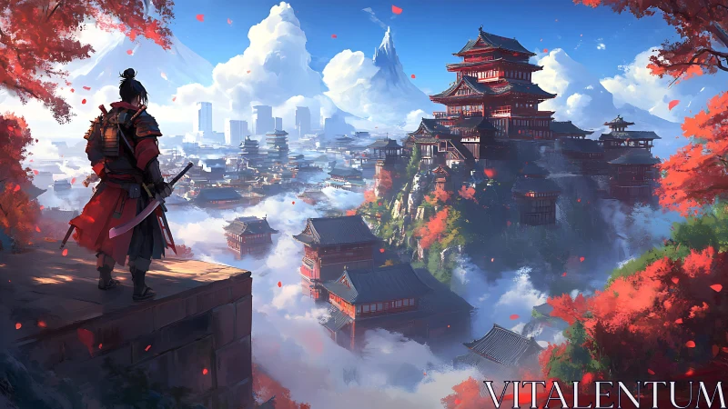 Samurai overlooking misty mountain city in autumn light.