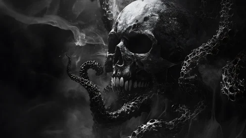 Calcified skull entwined by abyssal tentacular structures.