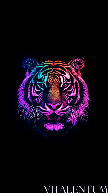 Neon tiger portrait glowing quietly in the midnight dark.