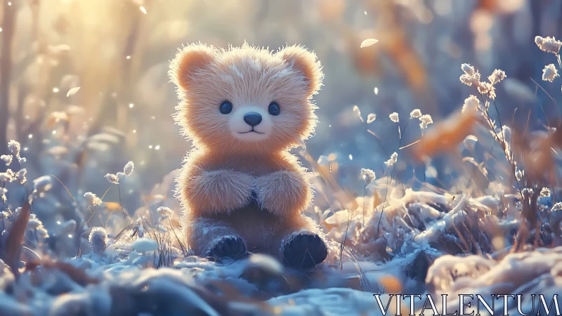 Digital teddy bear figure in soft snowy meadow light.