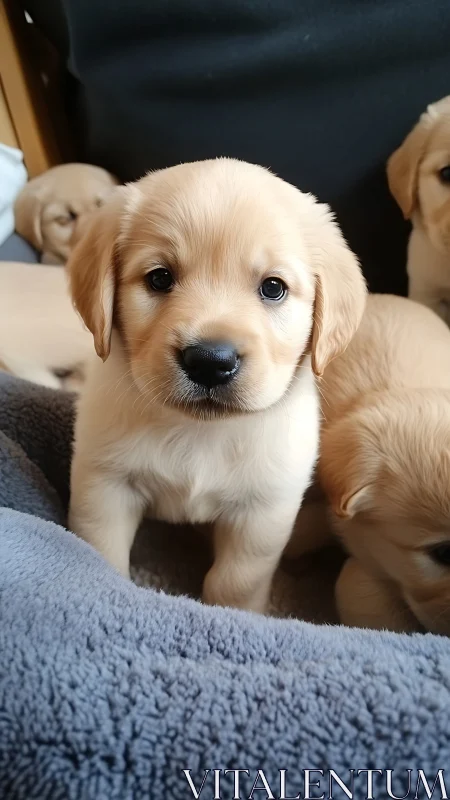 Golden puppy gazing up with soft, hopeful puppy eyes.