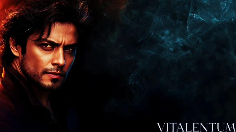 Moody male portrait glows against abstract smoky darkness