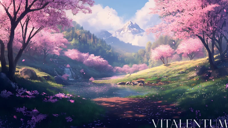 Spring valley river under cherry blossoms with alpine peak