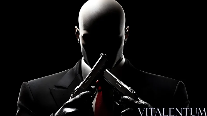Bald suited figure holds two pistols crossed before face