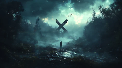 Lone wanderer under colossal fallen X in misted valley.