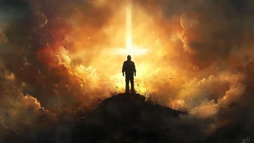 Solitary wanderer greets a blinding doorway carved from light