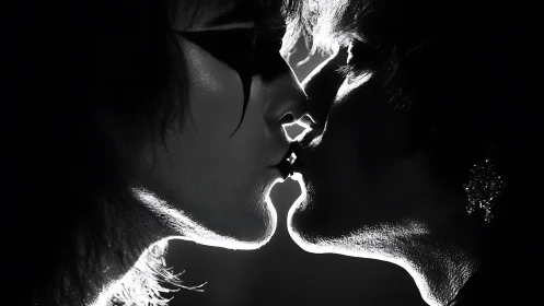 High-contrast monochrome intimate portrait of two figures exchanging breath