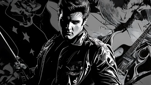 Monochrome rocker portrait uses high-contrast inking and layered collage