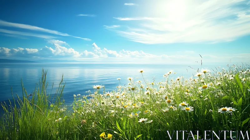 Sunlit wildflowers leaning gently toward a calm blue sea.