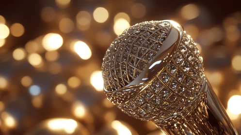 Golden metallic microphone rendered with shallow depth of field
