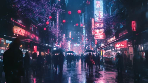 Rainy neon city street with crowds and umbrellas at night.