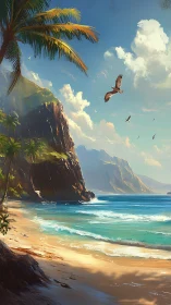 Tropical coastline with cliff formations and bird subjects in aerial space.