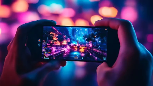 Mobile gamer holding phone with neon cyberpunk city game.
